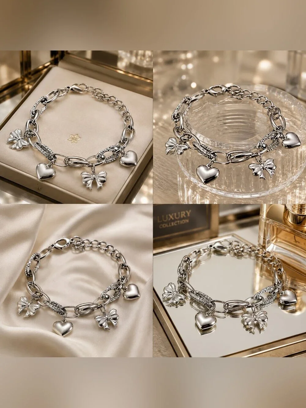 Silver Heart & Bow Charm Bracelet